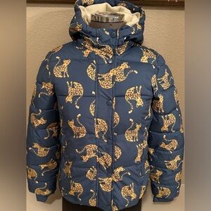 Girls XL ski jacket with leopards- blue and yellow - Amazon Essentials brand